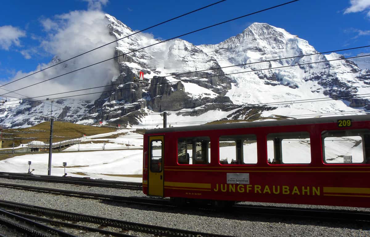 Train and views on the famous Eiger. Hiking in and around Lauterbrunnen, Switzerland