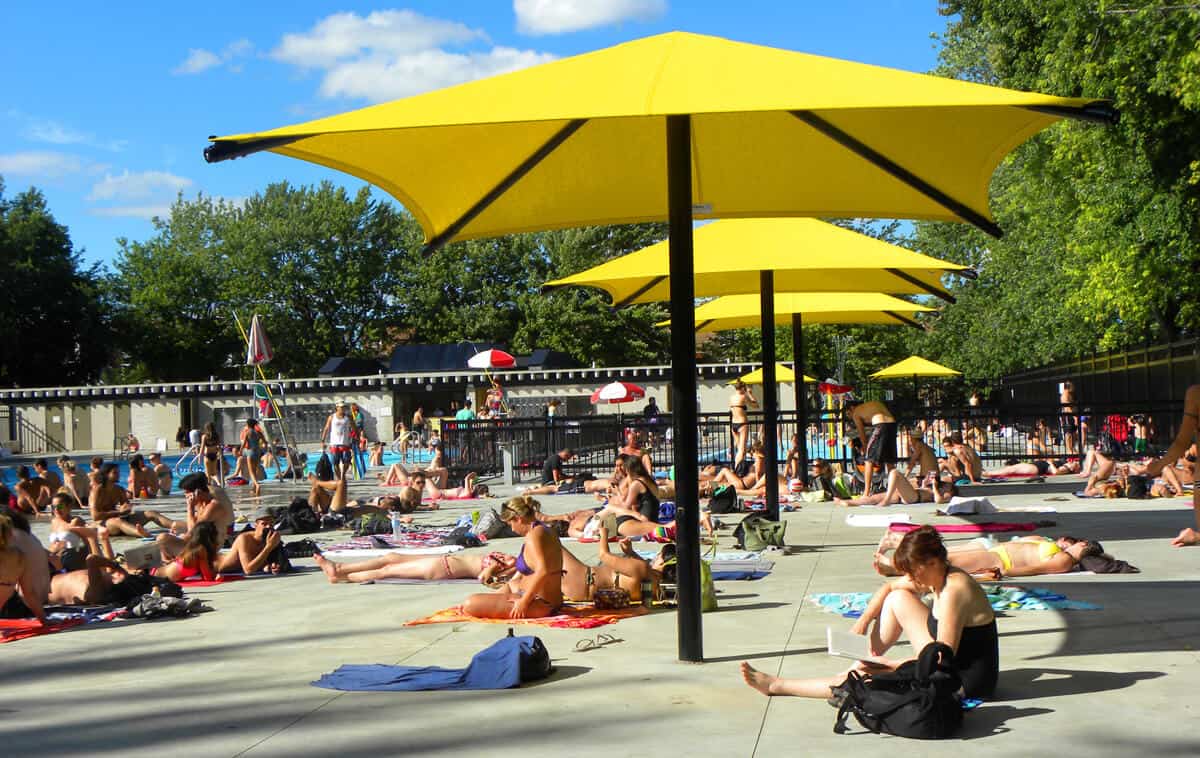 Montreal swimming pool on a hot day. Parc Laurier.