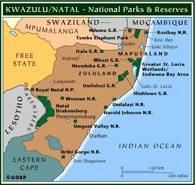 Highlights of Kwazulu-Natal Province, South Africa. Map