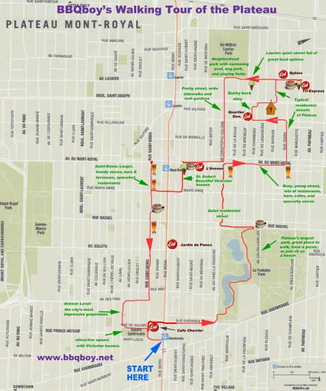 BBQboy's Walking tour of Montreal's Plateau Mont-Royal. Map