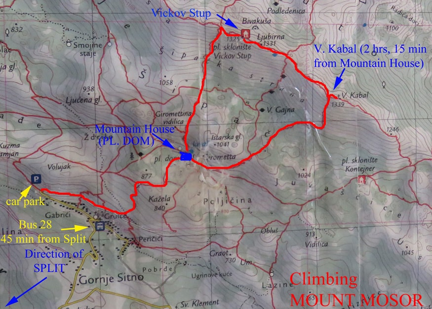 Map of Mount Mosor. Hiking Mount Mosor the "Man's Way"