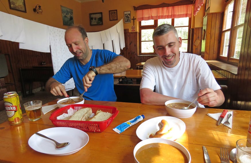 eating beans at the mountain house. Hiking Mount Mosor the “Man’s Way”