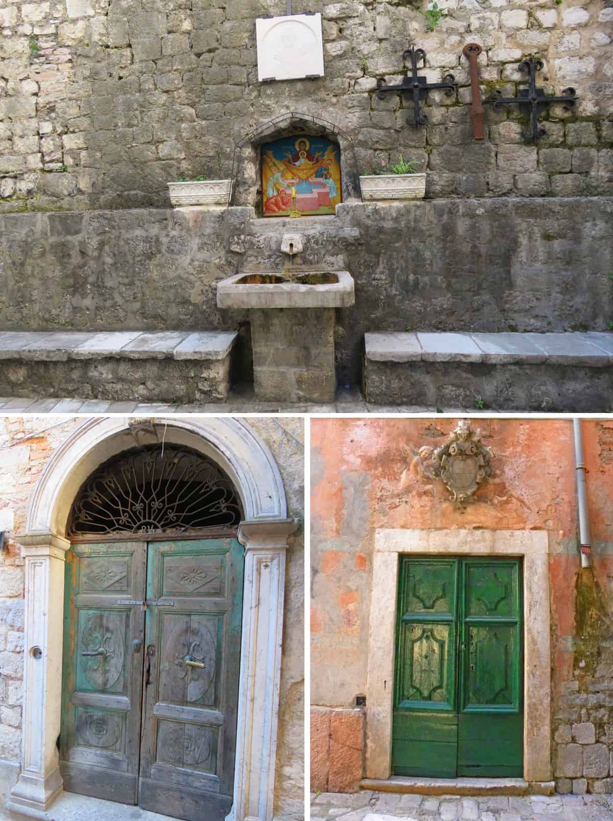 doors and fountains in Kotor, Montenegro