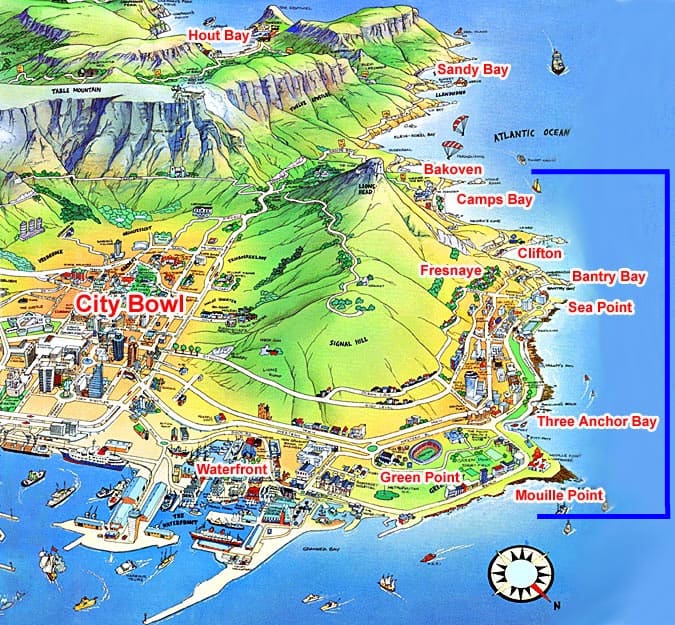 A guide to walking the Atlantic Coastline of Cape Town. Map