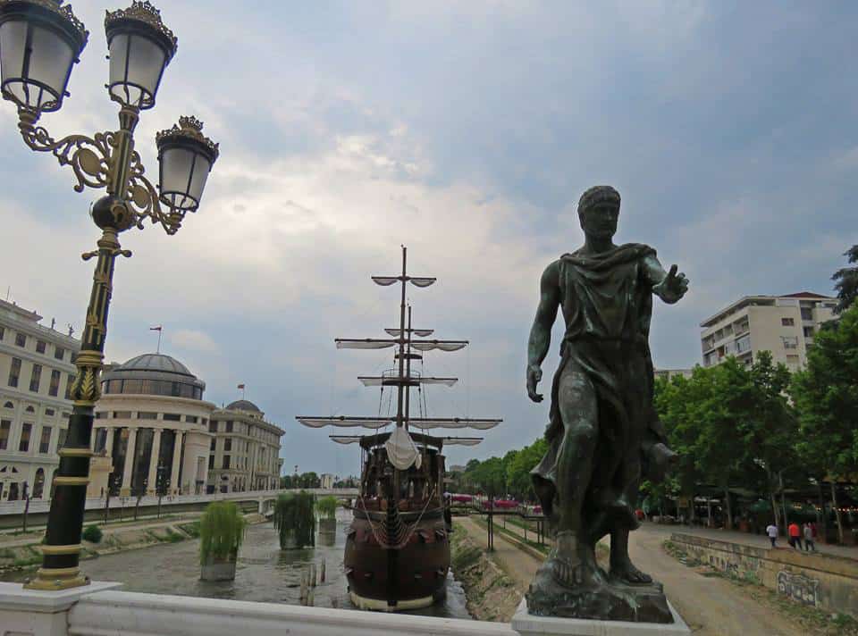 statues and boat in Skopje