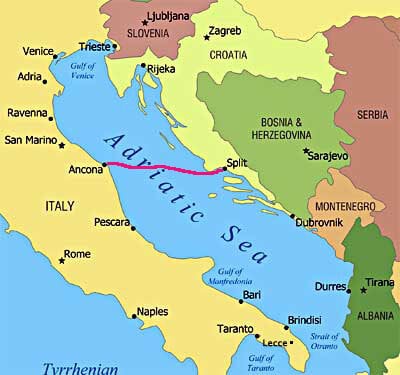 Split to Ancona by Ferry. map