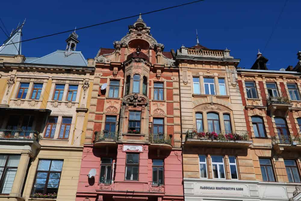 colorful buildings near the Bernardine Church, Lviv